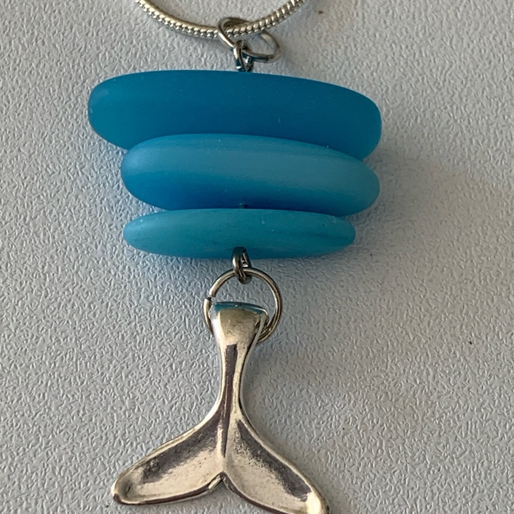 Blue Sea Glass Necklace with Silver Whale Tail Pendant